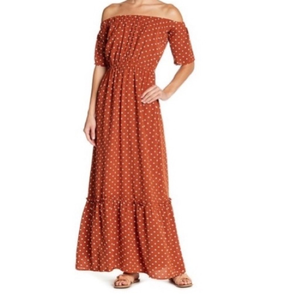 Lucca‎ Burnt Orange Polka Dot Off Shoulder Maxi Dress Large Boho Tiered Ruffle